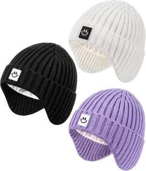 3 Pack Baby Beanie Hats with Earflaps, 2 Size Baby Winter Hat for Infant Toddler Kids, Fleece Lined Knit Hat for Girls Boys