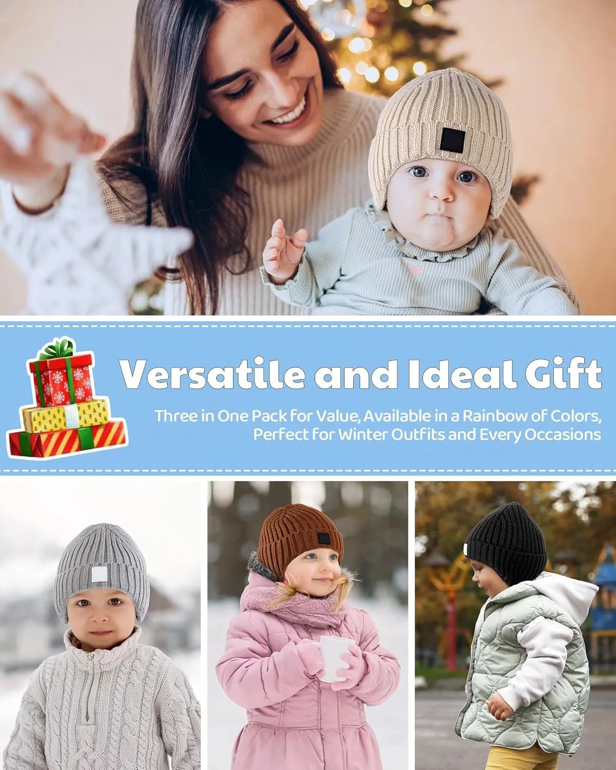3 Pack Baby Beanie Hats with Earflaps, 2 Size Baby Winter Hat for Infant Toddler Kids, Fleece Lined Knit Hat for Girls Boys