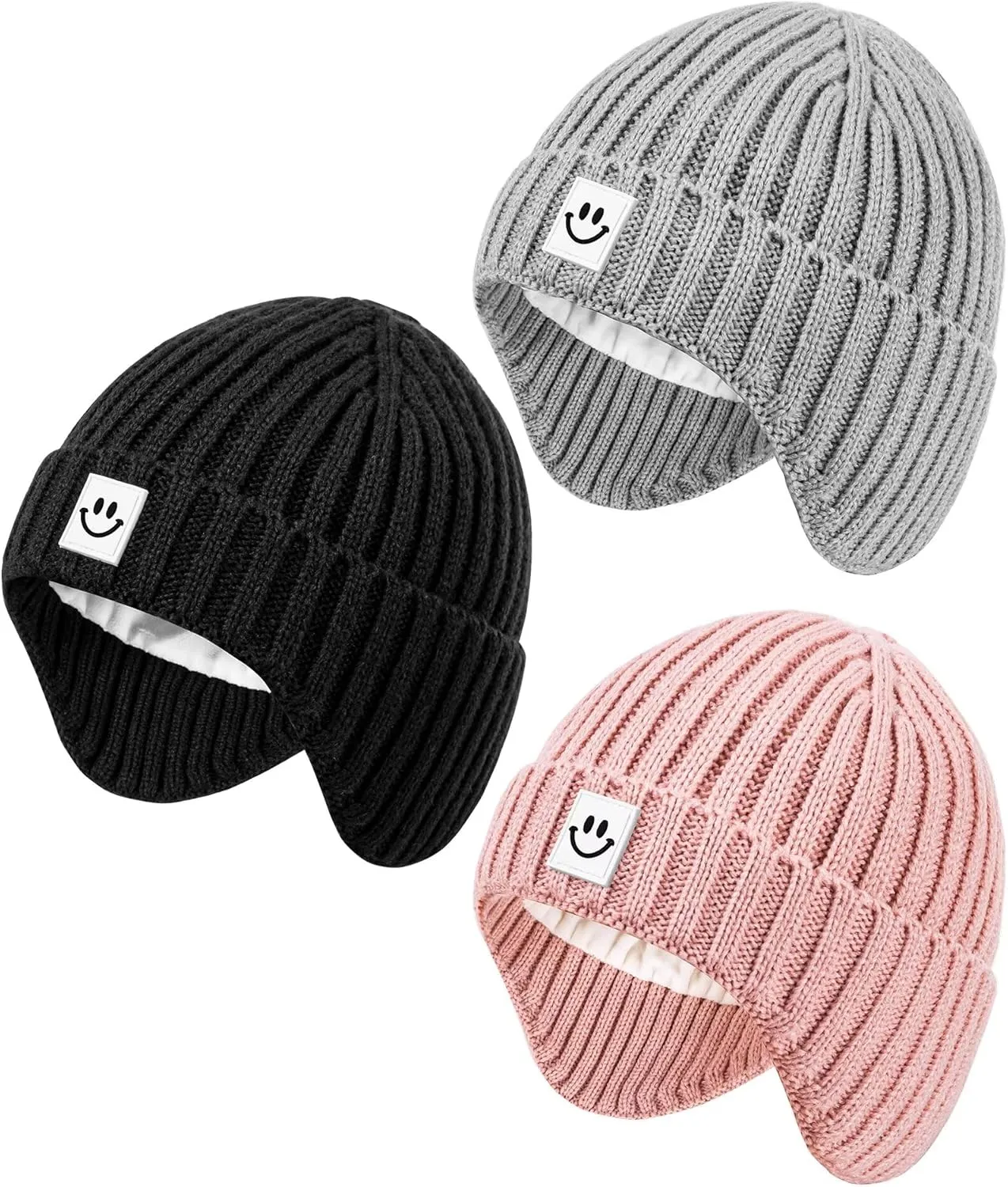 3 Pack Baby Beanie Hats with Earflaps, 2 Size Baby Winter Hat for Infant Toddler Kids, Fleece Lined Knit Hat for Girls Boys