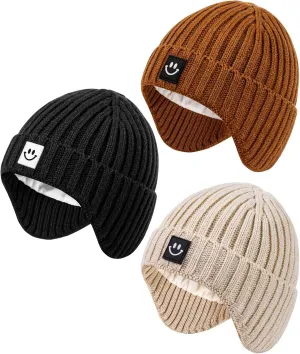 3 Pack Baby Beanie Hats with Earflaps, 2 Size Baby Winter Hat for Infant Toddler Kids, Fleece Lined Knit Hat for Girls Boys
