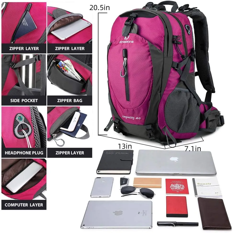 40L Waterproof Lightweight Outdoor Daypack Hiking,Camping,Travel Backpack for Women Men Pink