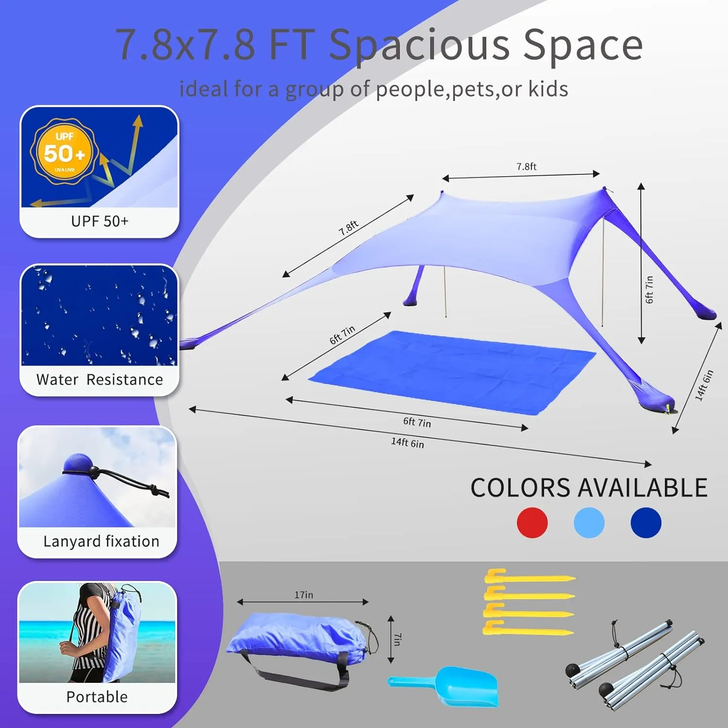 77 FT Beach Tent Sun Shelter UPF50  UV Protection, Outdoor Canopy Tent Sun Shade with 2 Poles for Camping, Beach, Fishing, Backyard and Picnics