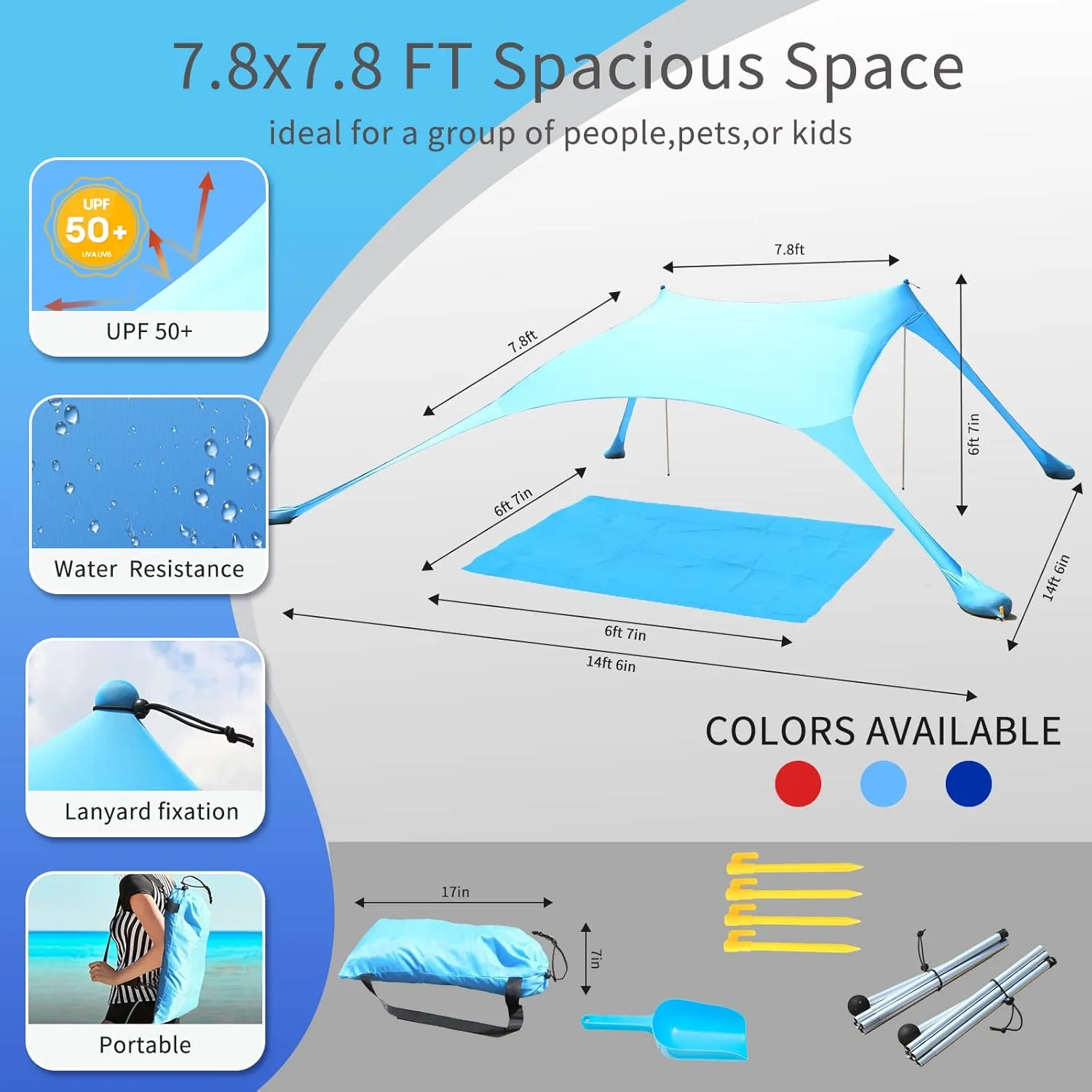 77 FT Beach Tent Sun Shelter UPF50  UV Protection, Outdoor Canopy Tent Sun Shade with 2 Poles for Camping, Beach, Fishing, Backyard and Picnics