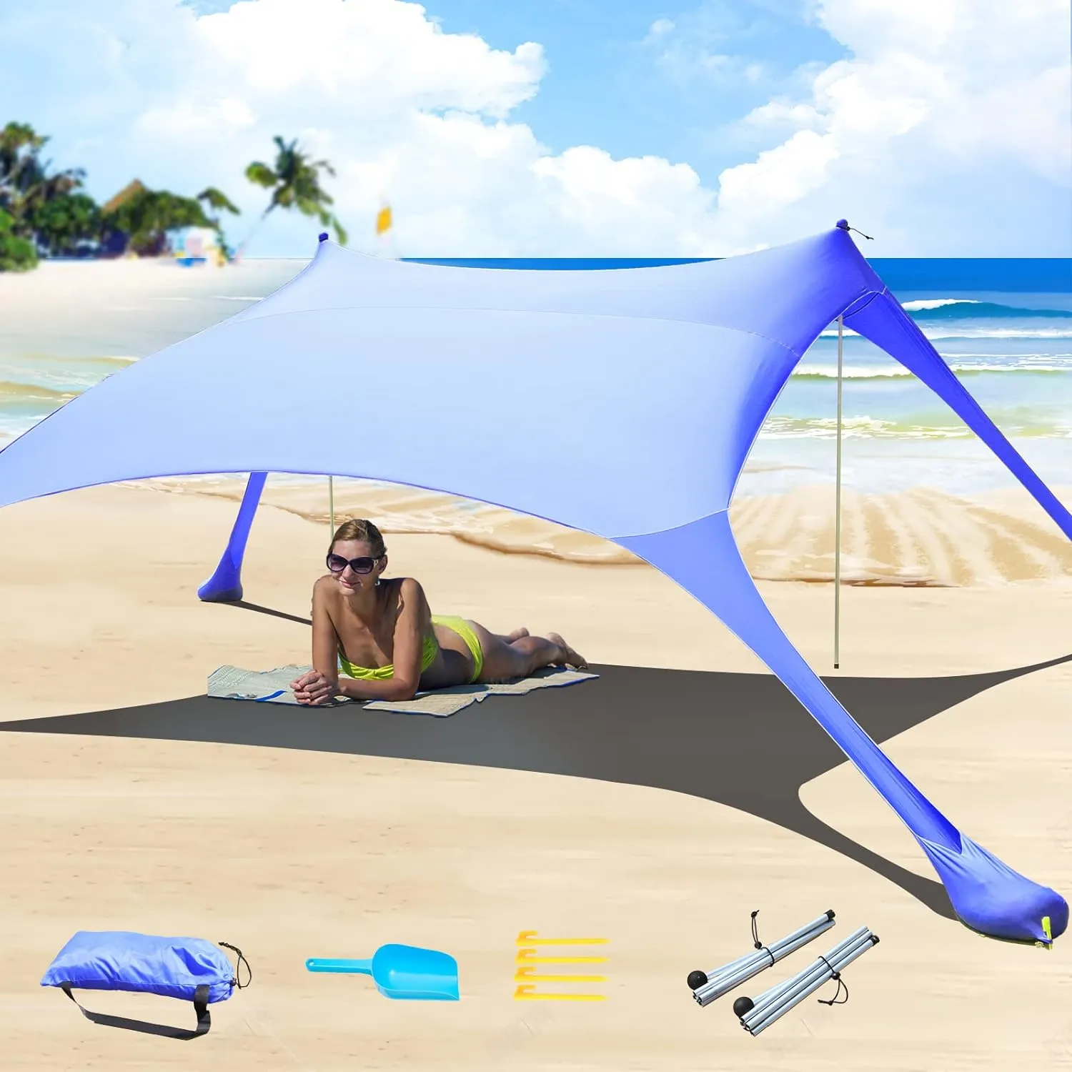 77 FT Beach Tent Sun Shelter UPF50  UV Protection, Outdoor Canopy Tent Sun Shade with 2 Poles for Camping, Beach, Fishing, Backyard and Picnics
