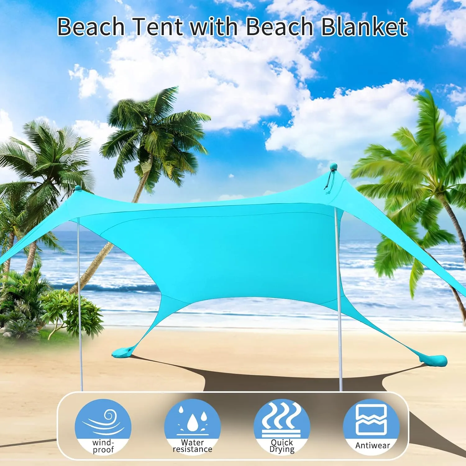 77 FT Beach Tent Sun Shelter UPF50  UV Protection, Outdoor Canopy Tent Sun Shade with 2 Poles for Camping, Beach, Fishing, Backyard and Picnics