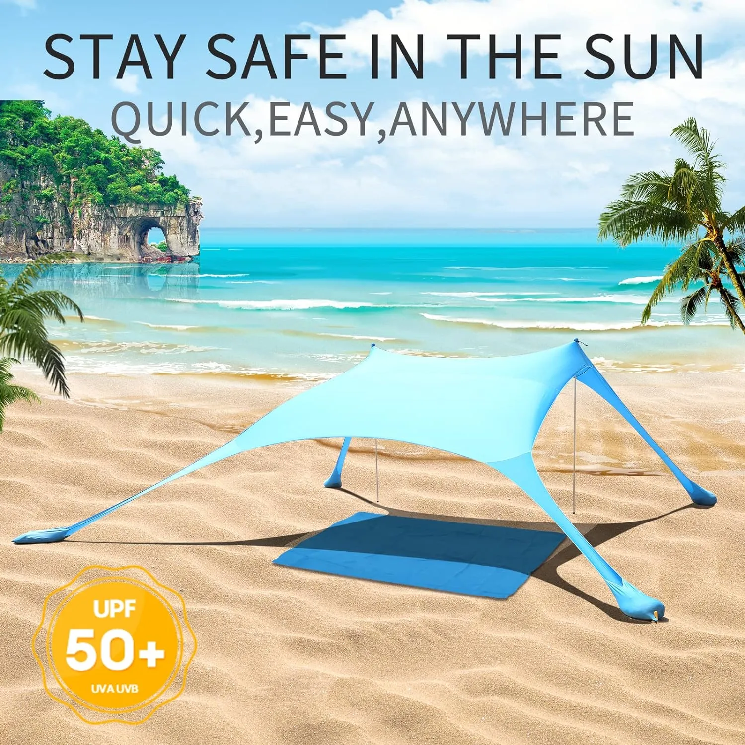 77 FT Beach Tent Sun Shelter UPF50  UV Protection, Outdoor Canopy Tent Sun Shade with 2 Poles for Camping, Beach, Fishing, Backyard and Picnics