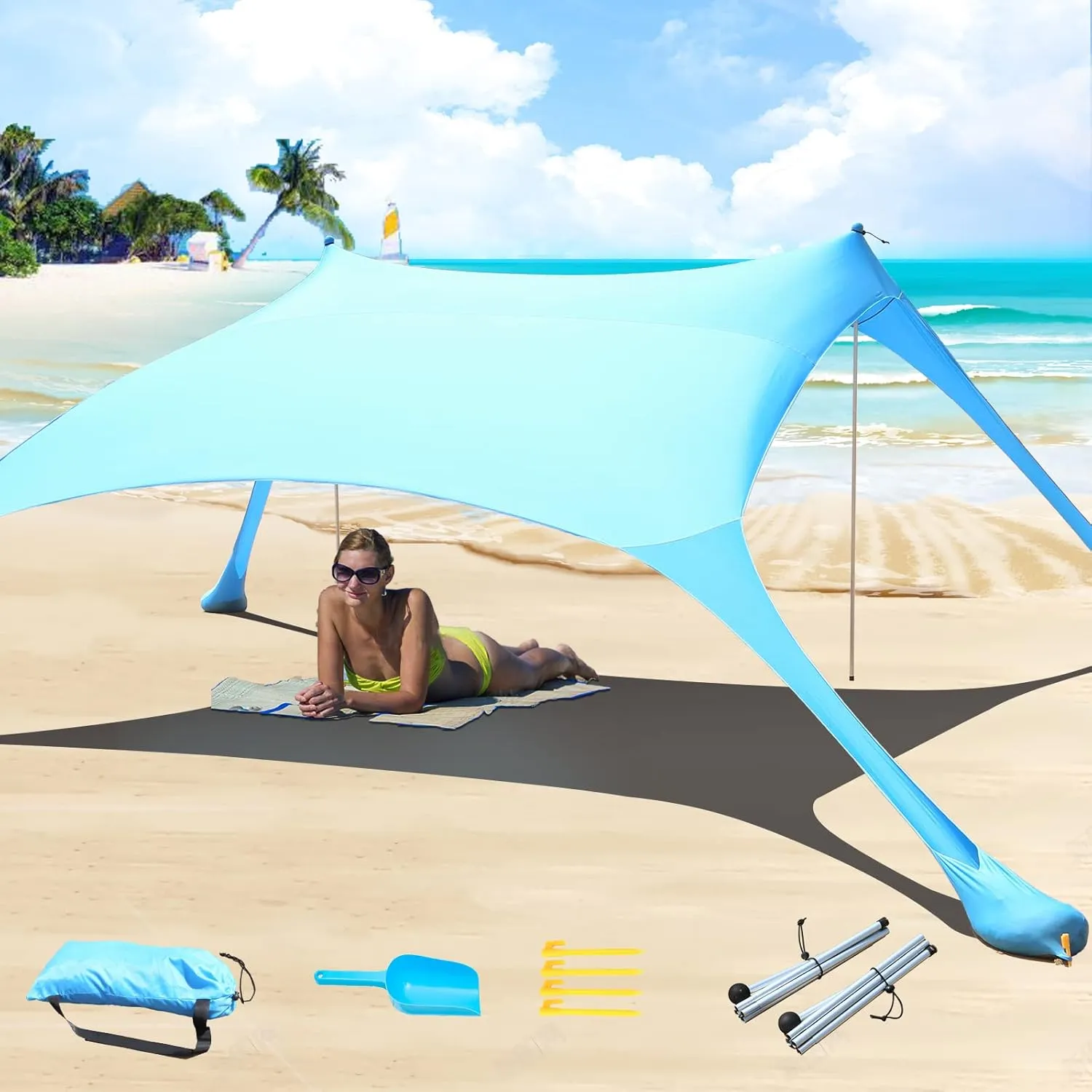 77 FT Beach Tent Sun Shelter UPF50  UV Protection, Outdoor Canopy Tent Sun Shade with 2 Poles for Camping, Beach, Fishing, Backyard and Picnics