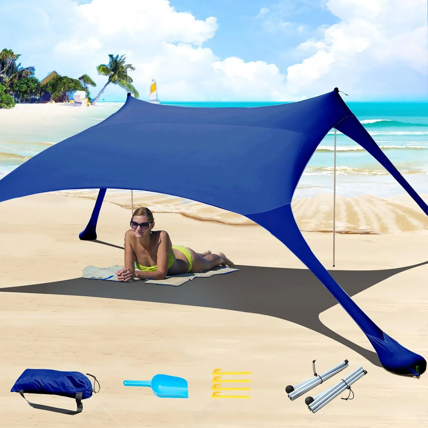 77 FT Beach Tent Sun Shelter UPF50  UV Protection, Outdoor Canopy Tent Sun Shade with 2 Poles for Camping, Beach, Fishing, Backyard and Picnics