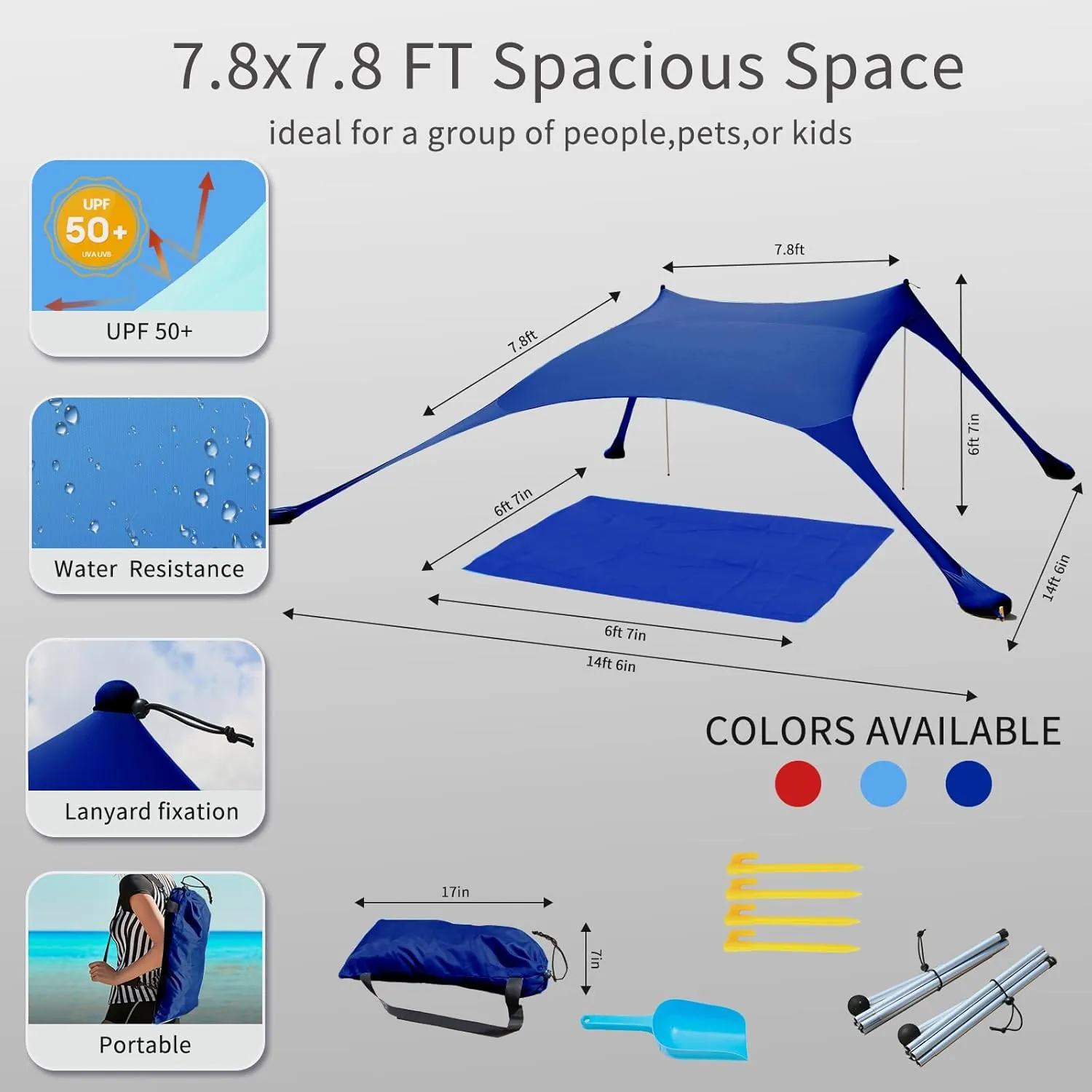 77 FT Beach Tent Sun Shelter UPF50  UV Protection, Outdoor Canopy Tent Sun Shade with 2 Poles for Camping, Beach, Fishing, Backyard and Picnics