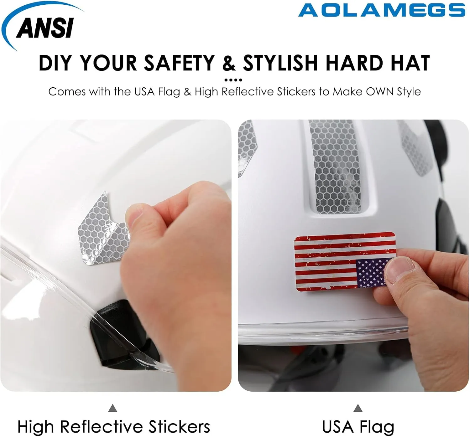 AOLAMEGS Construction Safety Hard Hat - ANSI Z89.1 Type  OSHA Approved Safety Helmets with Chin Straps Lightweight Reflective Vented ABS Hard Hats For Men Women Industrial Workwear 6-point Suspension