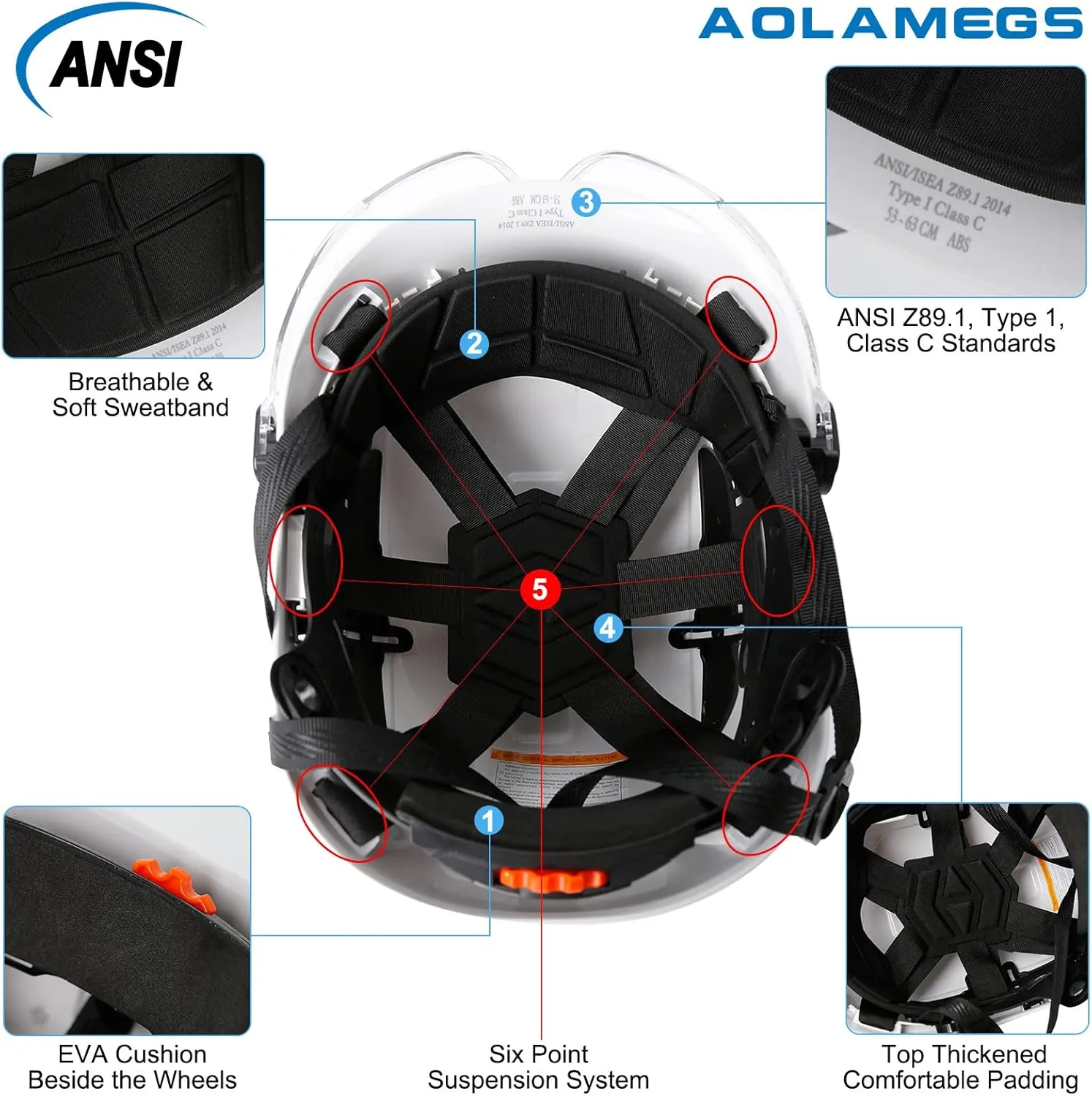 AOLAMEGS Construction Safety Hard Hat - ANSI Z89.1 Type  OSHA Approved Safety Helmets with Chin Straps Lightweight Reflective Vented ABS Hard Hats For Men Women Industrial Workwear 6-point Suspension
