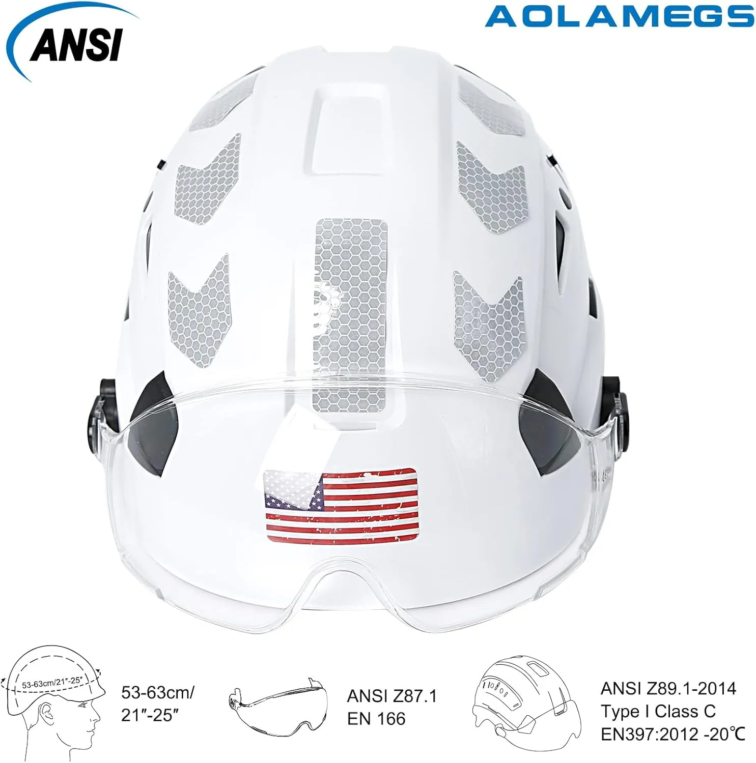 AOLAMEGS Construction Safety Hard Hat - ANSI Z89.1 Type  OSHA Approved Safety Helmets with Chin Straps Lightweight Reflective Vented ABS Hard Hats For Men Women Industrial Workwear 6-point Suspension