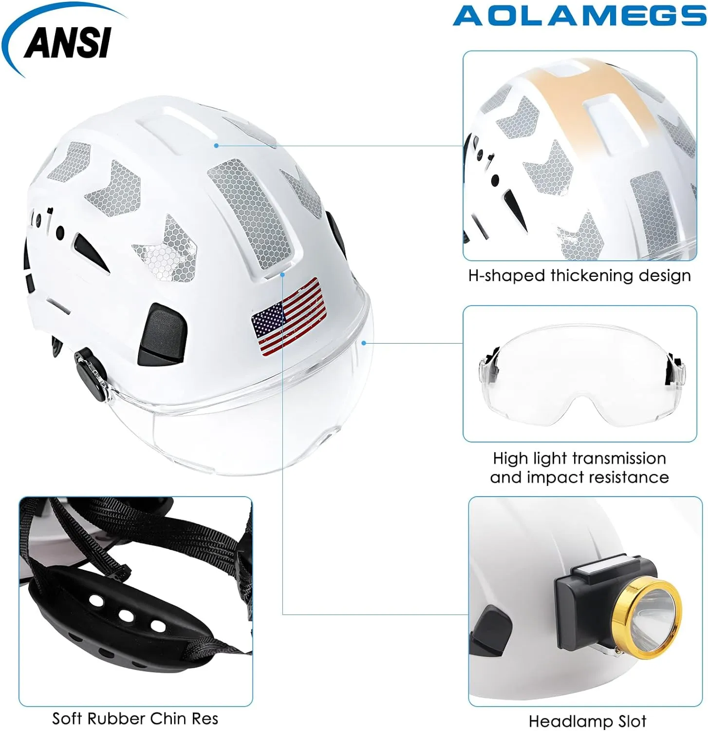 AOLAMEGS Construction Safety Hard Hat - ANSI Z89.1 Type  OSHA Approved Safety Helmets with Chin Straps Lightweight Reflective Vented ABS Hard Hats For Men Women Industrial Workwear 6-point Suspension