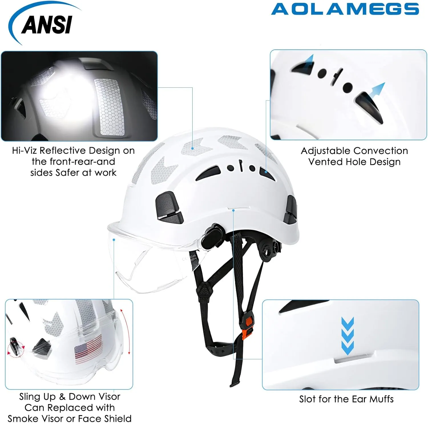 AOLAMEGS Construction Safety Hard Hat - ANSI Z89.1 Type  OSHA Approved Safety Helmets with Chin Straps Lightweight Reflective Vented ABS Hard Hats For Men Women Industrial Workwear 6-point Suspension