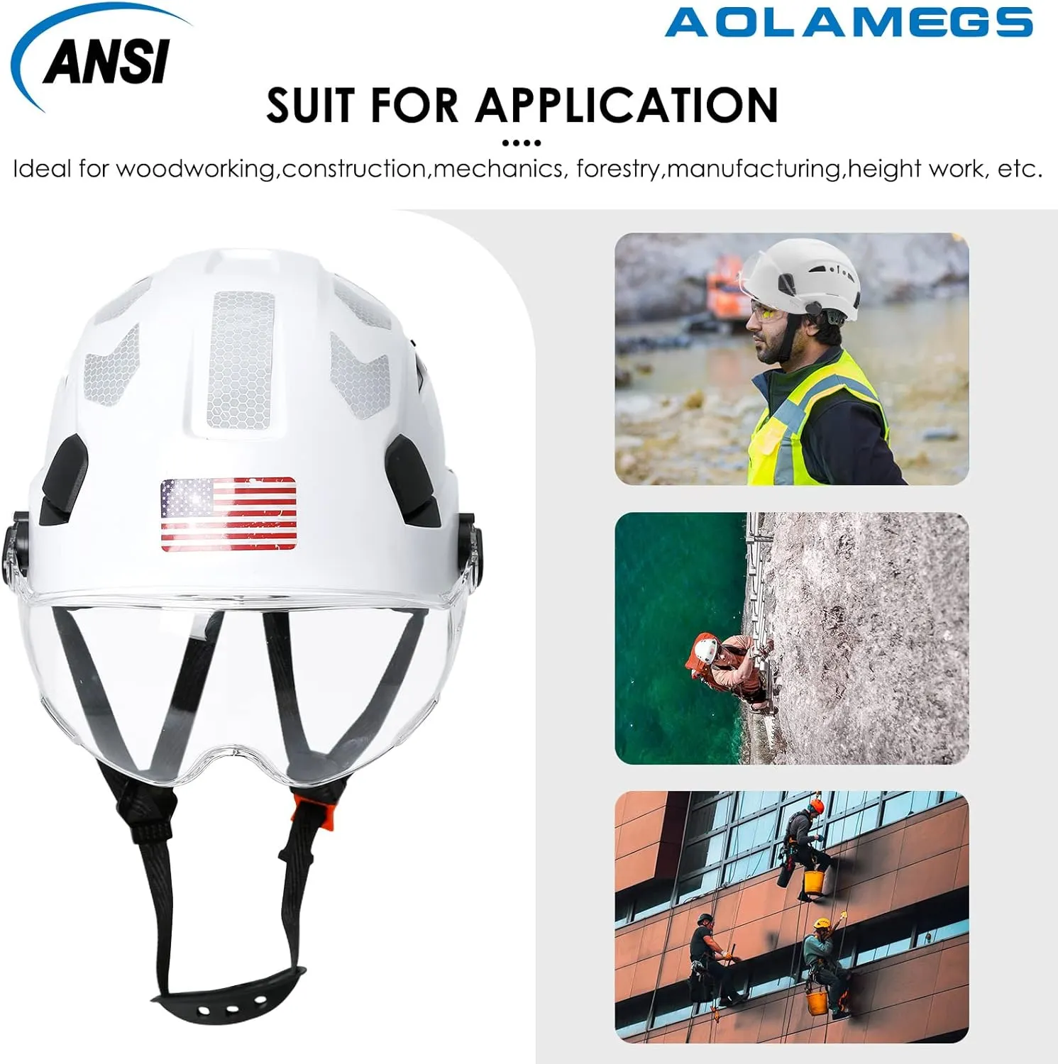 AOLAMEGS Construction Safety Hard Hat - ANSI Z89.1 Type  OSHA Approved Safety Helmets with Chin Straps Lightweight Reflective Vented ABS Hard Hats For Men Women Industrial Workwear 6-point Suspension