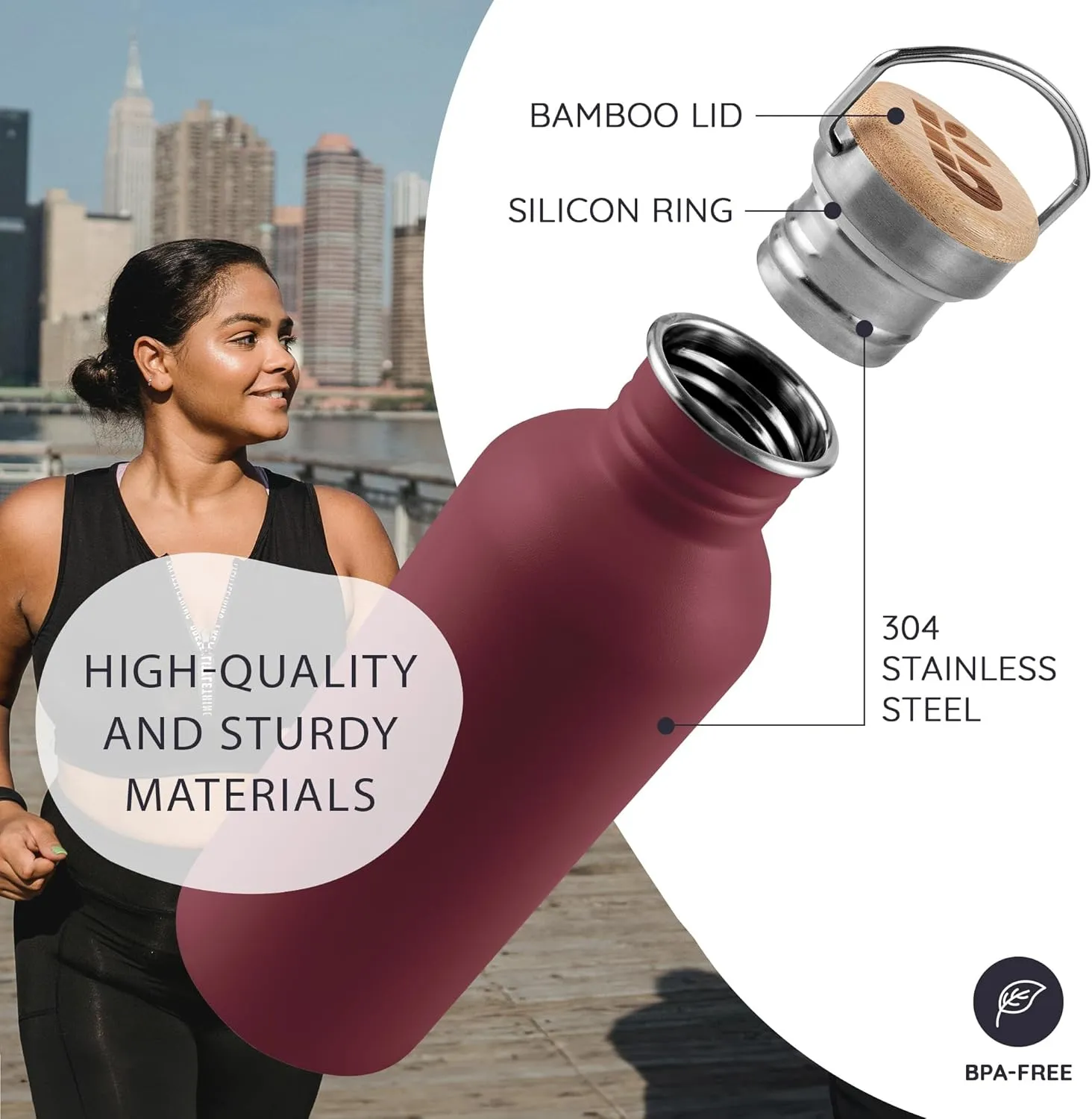 Bambaw Non-insulated 32 oz Water Bottle, Reusable Water Bottle Red, Single Wall Stainless Steel Water Bottle, Travel Water Bottle 32oz, Metal Water Bottle with Handle  Red Berry
