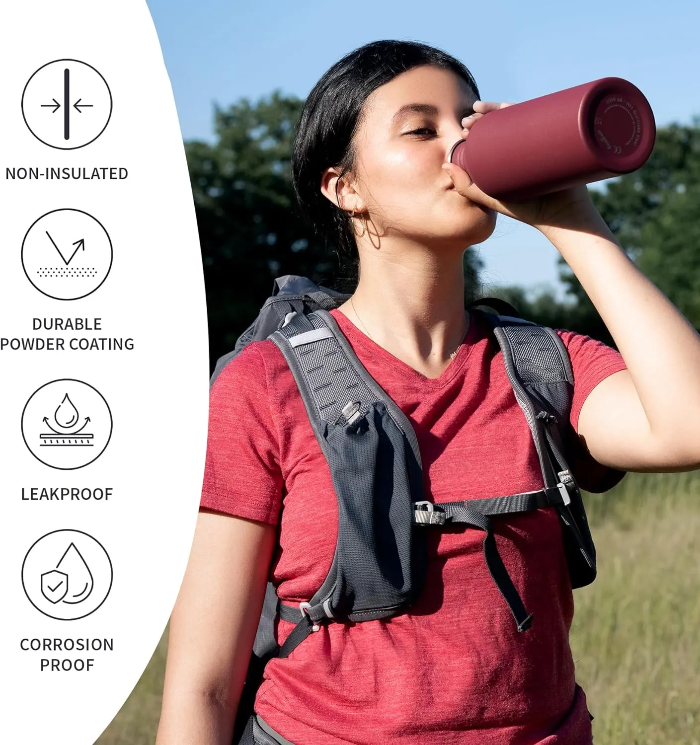 Bambaw Non-insulated 32 oz Water Bottle, Reusable Water Bottle Red, Single Wall Stainless Steel Water Bottle, Travel Water Bottle 32oz, Metal Water Bottle with Handle  Red Berry