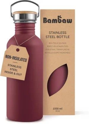 Bambaw Non-insulated 32 oz Water Bottle, Reusable Water Bottle Red, Single Wall Stainless Steel Water Bottle, Travel Water Bottle 32oz, Metal Water Bottle with Handle  Red Berry