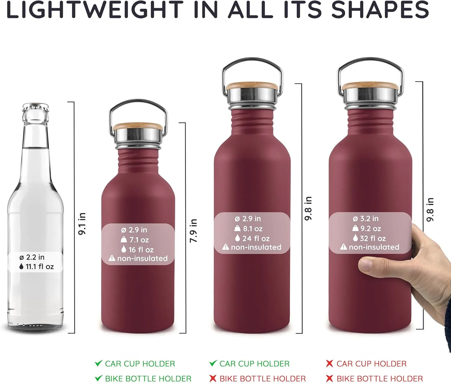 Bambaw Non-insulated 32 oz Water Bottle, Reusable Water Bottle Red, Single Wall Stainless Steel Water Bottle, Travel Water Bottle 32oz, Metal Water Bottle with Handle  Red Berry