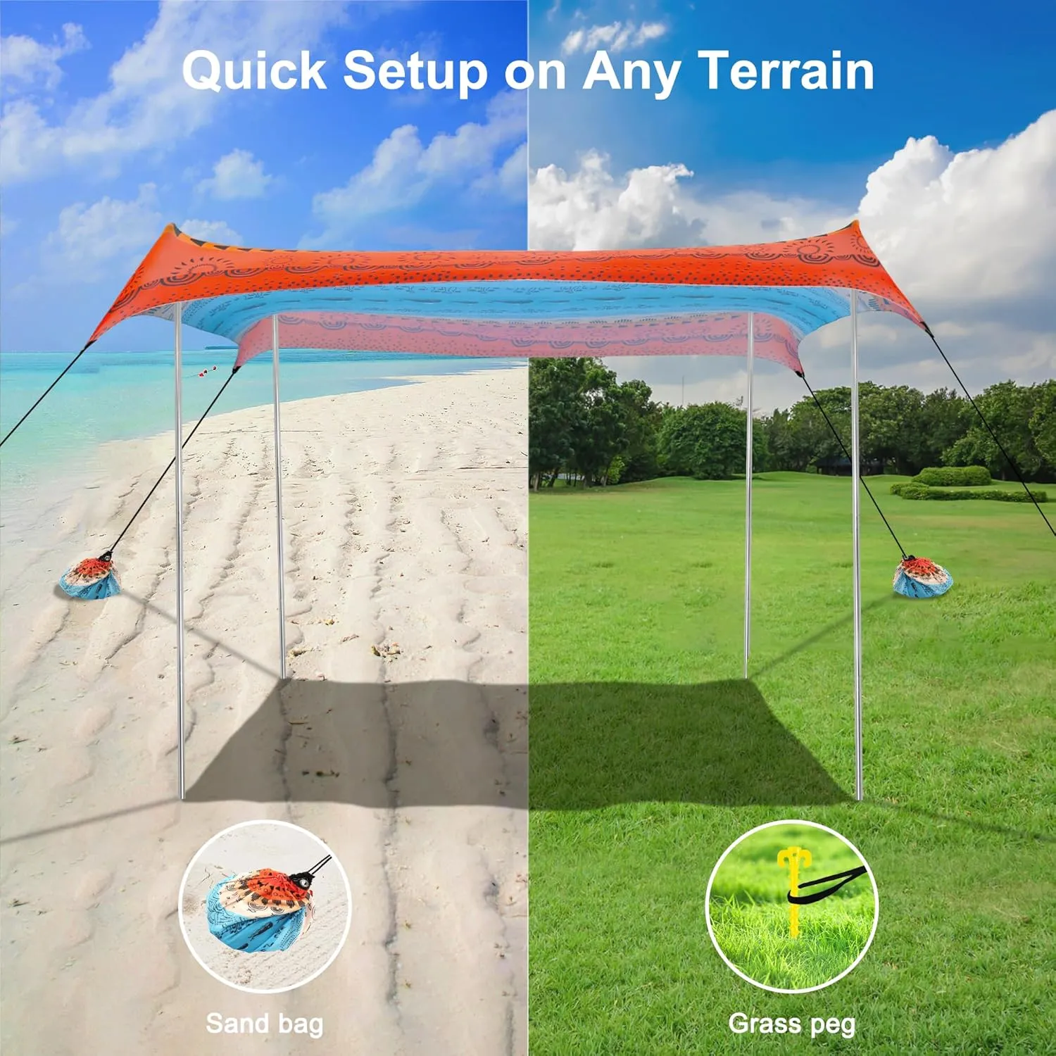 Beach Tent, Beach Canopy Sun Shade Sail UPF 50 , Portable 1010 FT Camping Sun Shelter with Sandbags, Poles, Ground Pegs and Anti-Wind Ropes for Outdoor, Backyard, Picnics, Sport, Fishing