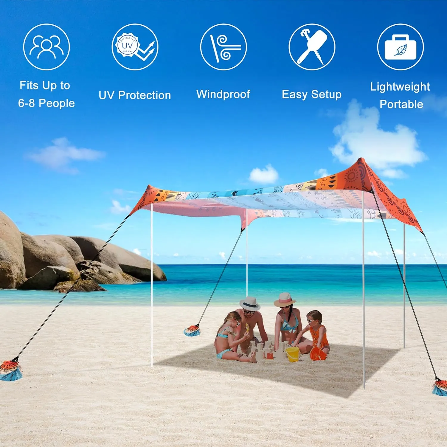 Beach Tent, Beach Canopy Sun Shade Sail UPF 50 , Portable 1010 FT Camping Sun Shelter with Sandbags, Poles, Ground Pegs and Anti-Wind Ropes for Outdoor, Backyard, Picnics, Sport, Fishing