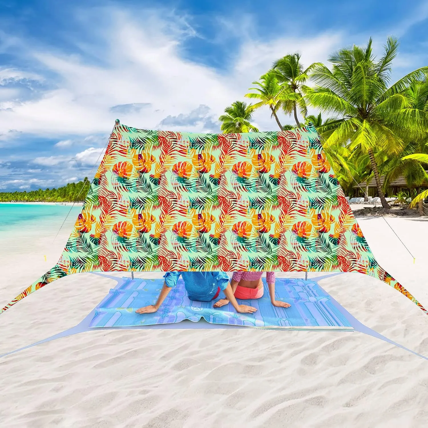 Beach Tent Pop Up Sun Shade Canopy Sun Shelter UPF50  with 4 Stability Poles/Carry Bag/Ground Pegs/Sand Shovel/Windproof Ropes Portable Outdoor Family Sunshade for Beach Camping Fishing Picnic