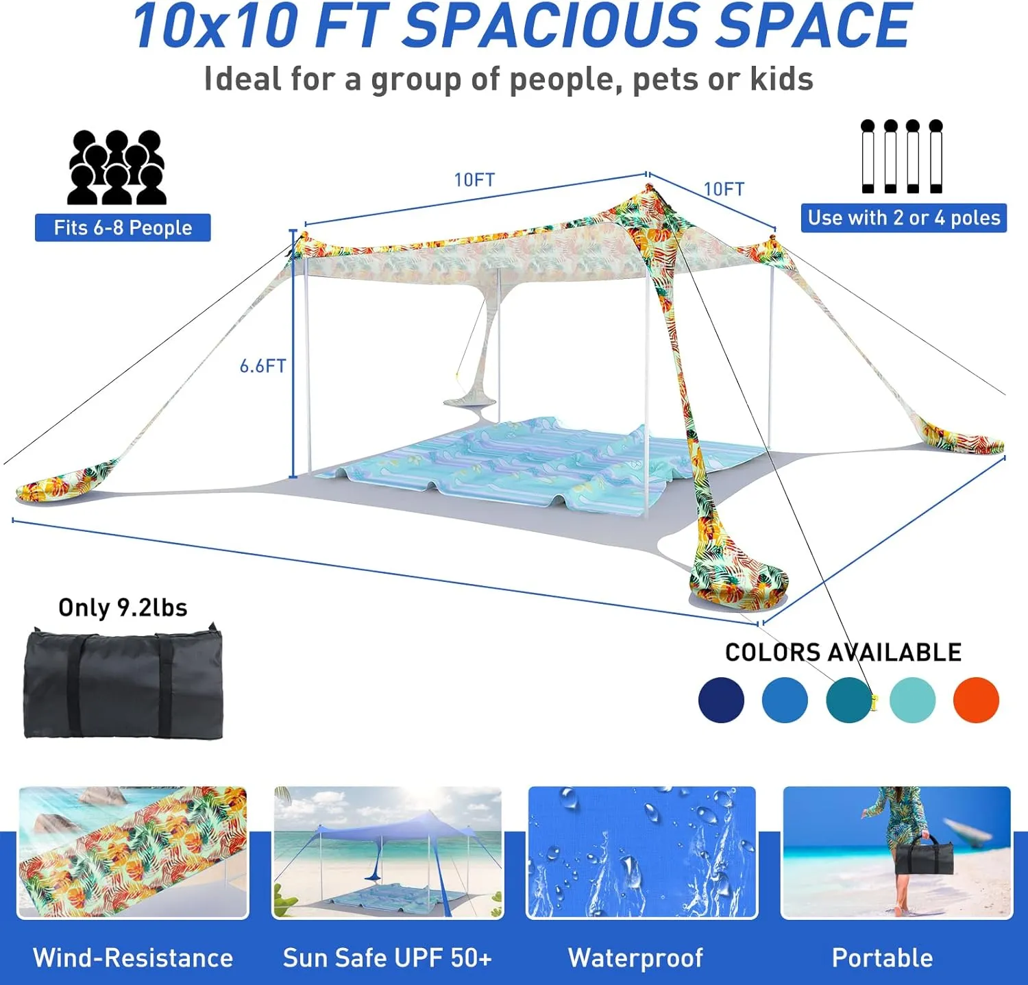 Beach Tent Pop Up Sun Shade Canopy Sun Shelter UPF50  with 4 Stability Poles/Carry Bag/Ground Pegs/Sand Shovel/Windproof Ropes Portable Outdoor Family Sunshade for Beach Camping Fishing Picnic