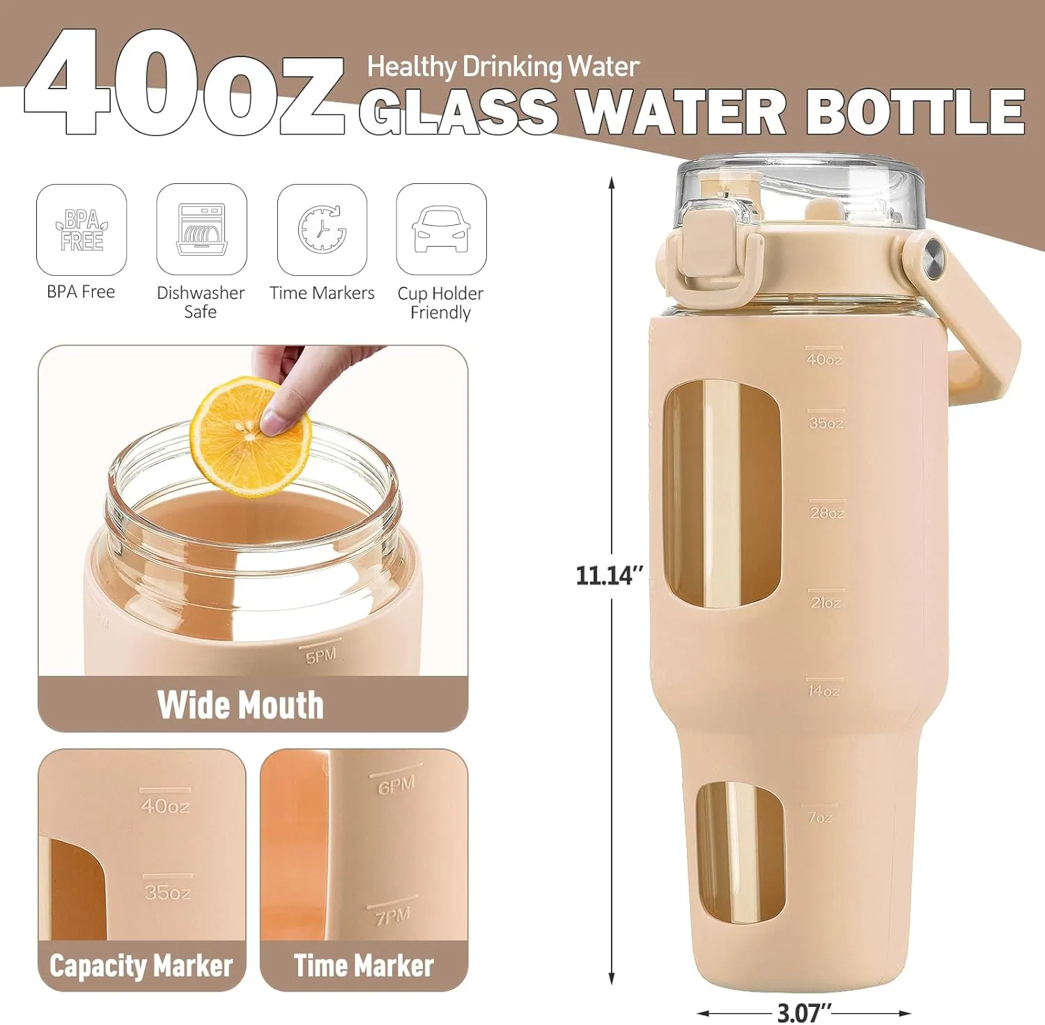 BLUEGO 40 oz Glass Water Bottle with Straw, Leakproof Glass Drinking Bottle with Time Marker and Silicone Sleeve, Wide Mouth Water Bottle for Travel, Gym, Workout, Amber