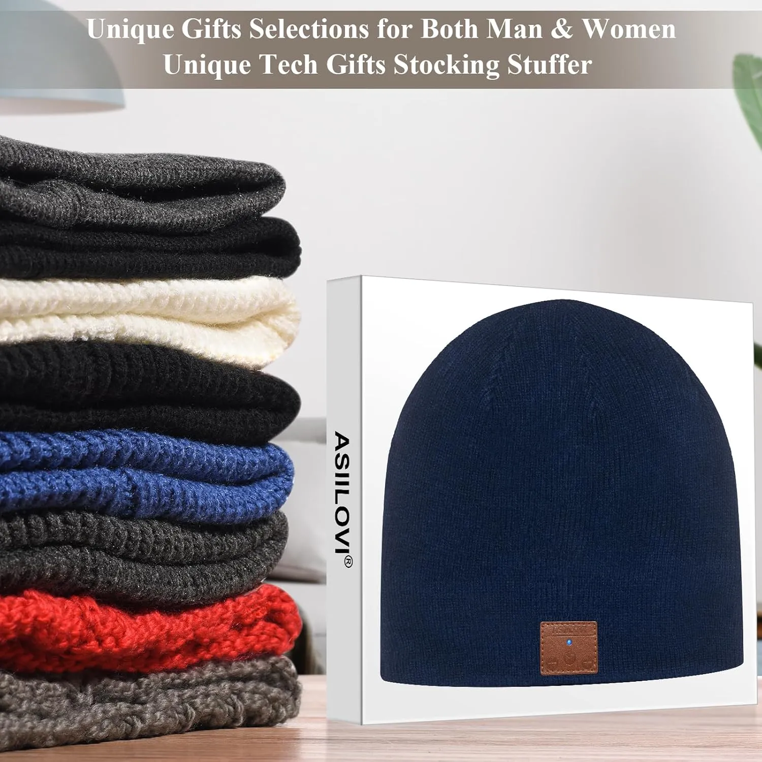 Bluetooth Beanie, Double-Layer Wool Lining Bluetooth Hat Beanie for Men/Women/Teens/Family, 20hrs Playing, Gift Packaging for Christmas Stocking Stuffers Thanksgiving (01-Blue)