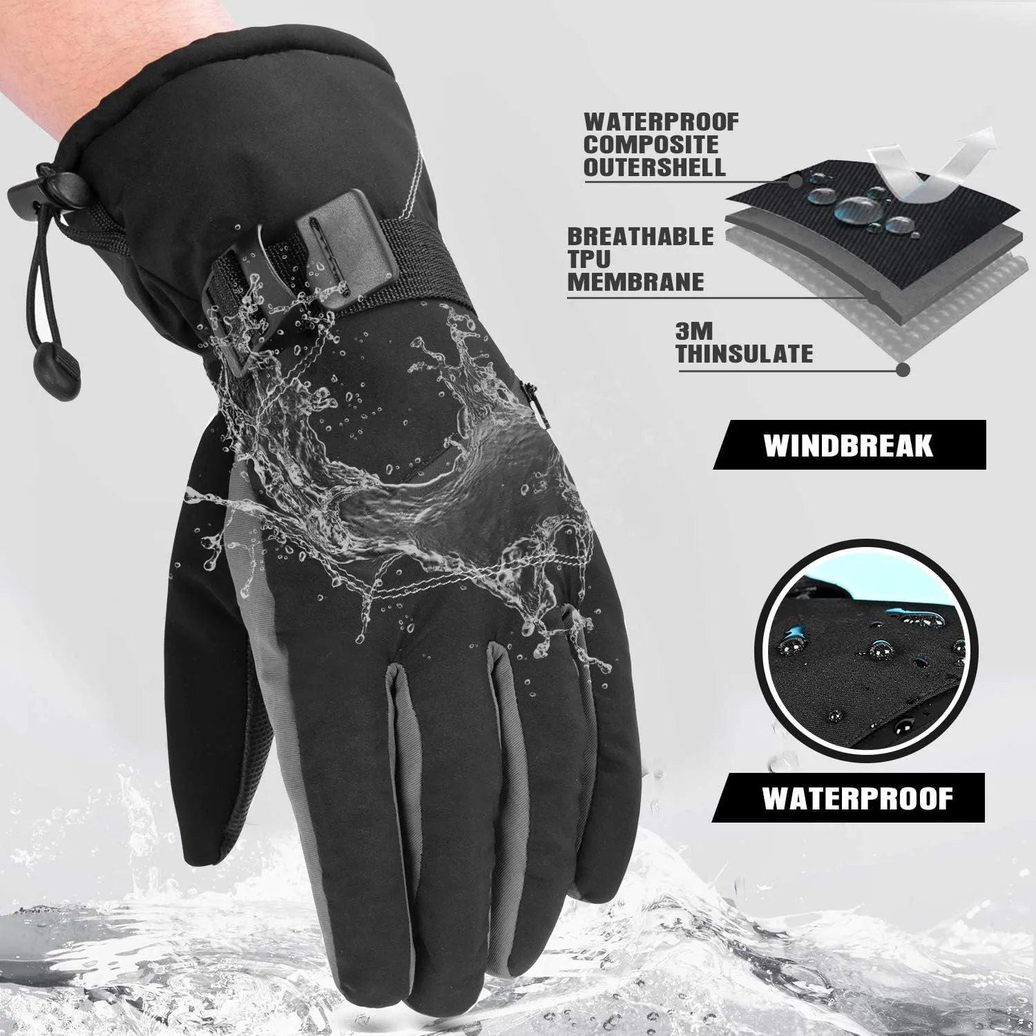 BOSONER Ski Snowboard Gloves, Waterproof Winter Warm Gloves, Cold Weather Touchscreen Snow Gloves for Mens, Womens, Kids Skiing,Snowboarding
