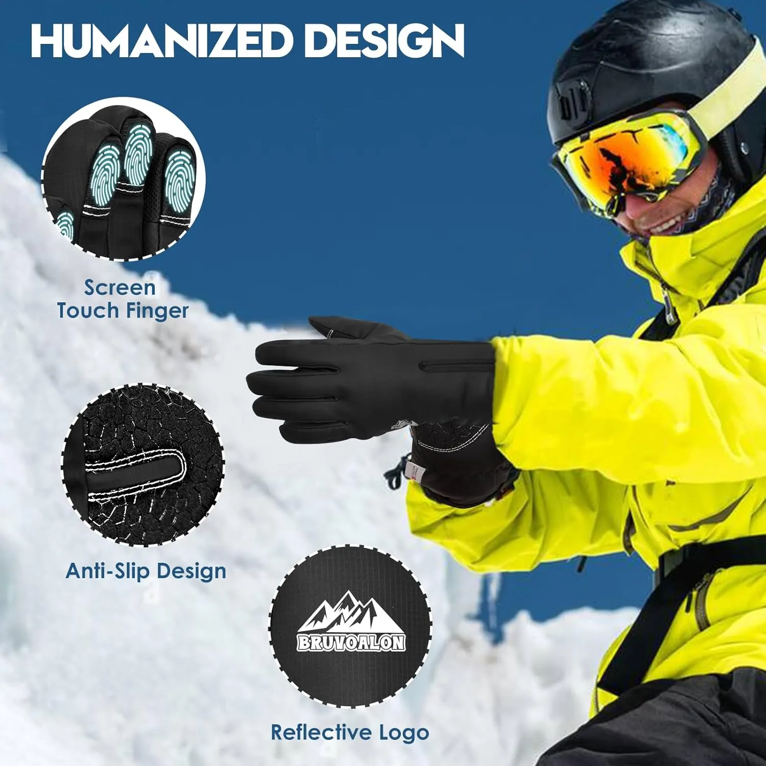 Bruvoalon Y322 Winter Gloves for Men & Women, -30 Waterproof Touchscreen 5-Layer Thermal Insulated Snow Gloves, Windproof Anti-Slip Ski Gloves for Cycling, Hiking, Driving, Work
