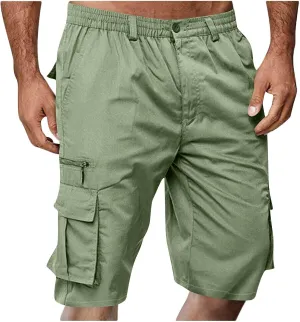 Cargo Shorts for Men Summer Work Hiking Pants Elastic Waist Knee Length Big and Tall Bermuda Shorts with Pockets