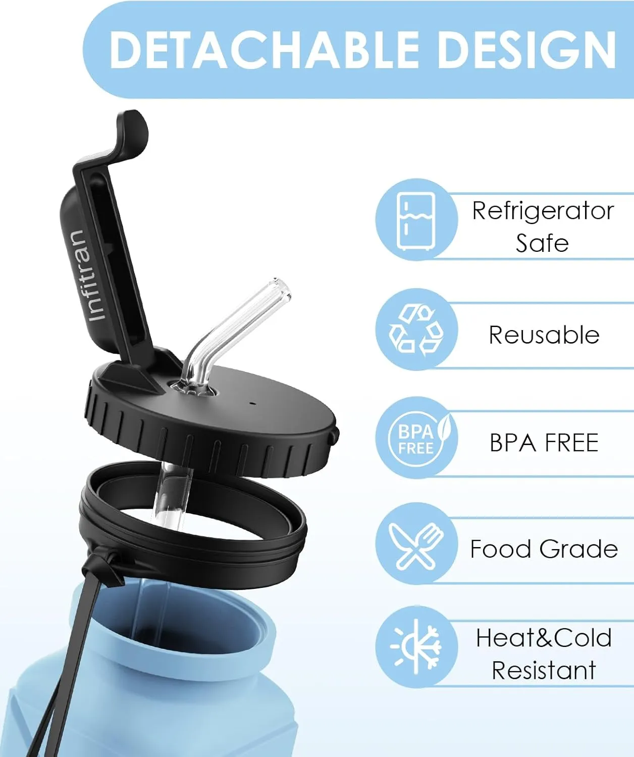 Collapsible Water Bottles,BPA-Free Silicone Foldable Water Bottle Cup with Straw Strap 20.6oz,Leak-Proof Durable Lightweight Bottle for Gym Travel Camping Hiking Running Sport,Blue