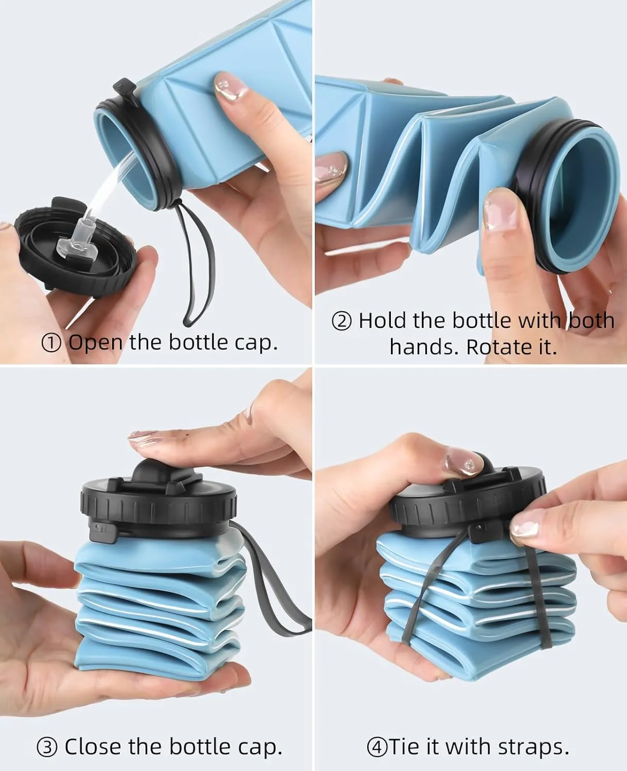 Collapsible Water Bottles,BPA-Free Silicone Foldable Water Bottle Cup with Straw Strap 20.6oz,Leak-Proof Durable Lightweight Bottle for Gym Travel Camping Hiking Running Sport,Blue