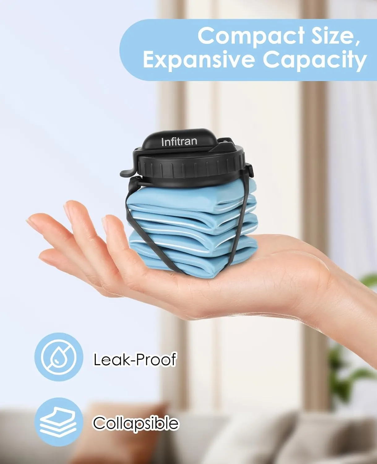 Collapsible Water Bottles,BPA-Free Silicone Foldable Water Bottle Cup with Straw Strap 20.6oz,Leak-Proof Durable Lightweight Bottle for Gym Travel Camping Hiking Running Sport,Blue