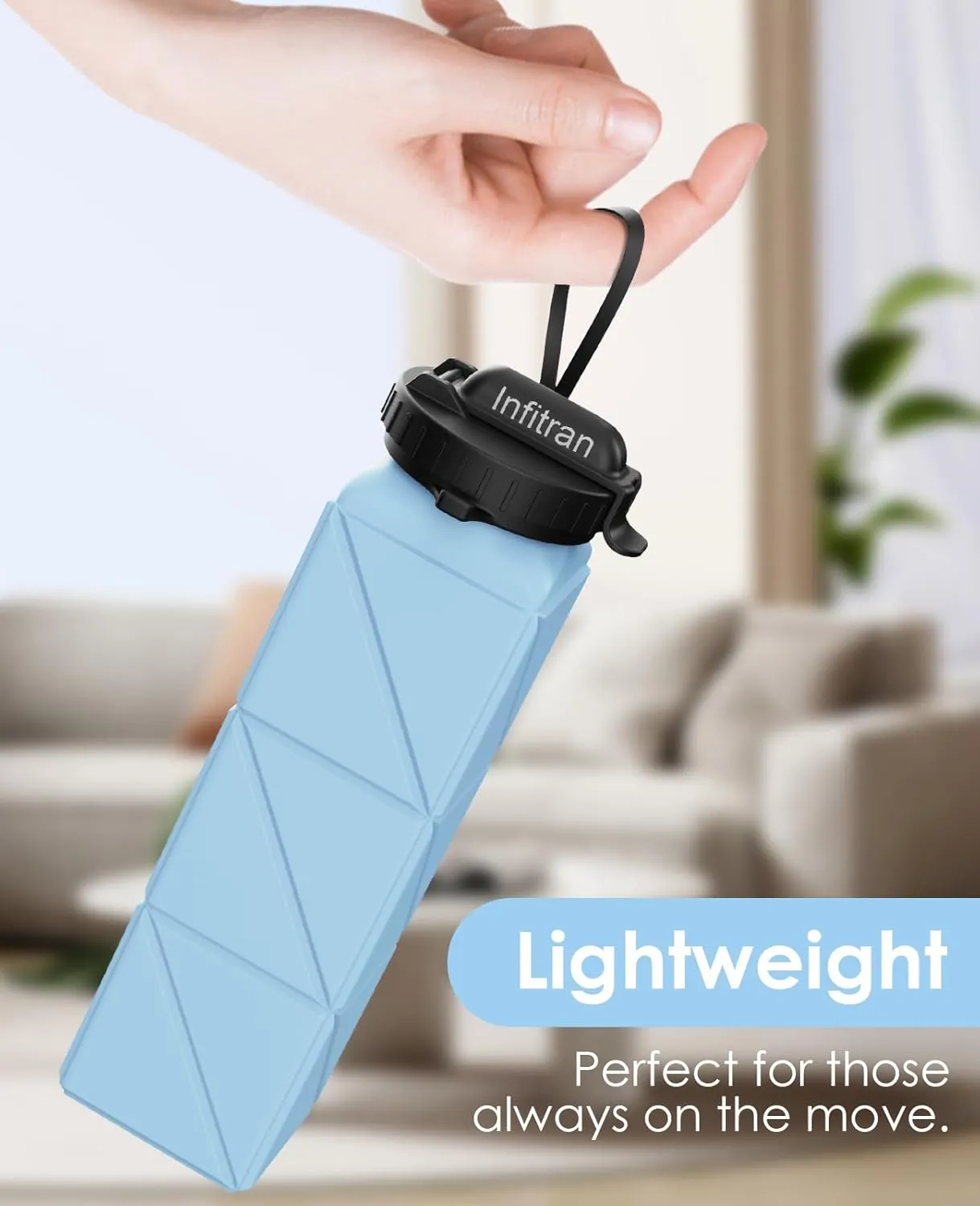 Collapsible Water Bottles,BPA-Free Silicone Foldable Water Bottle Cup with Straw Strap 20.6oz,Leak-Proof Durable Lightweight Bottle for Gym Travel Camping Hiking Running Sport,Blue