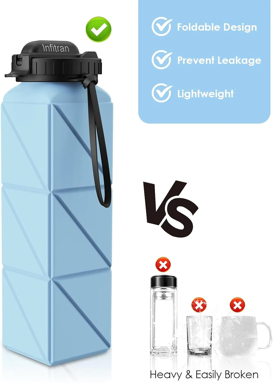 Collapsible Water Bottles,BPA-Free Silicone Foldable Water Bottle Cup with Straw Strap 20.6oz,Leak-Proof Durable Lightweight Bottle for Gym Travel Camping Hiking Running Sport,Blue
