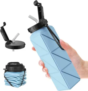 Collapsible Water Bottles,BPA-Free Silicone Foldable Water Bottle Cup with Straw Strap 20.6oz,Leak-Proof Durable Lightweight Bottle for Gym Travel Camping Hiking Running Sport,Blue
