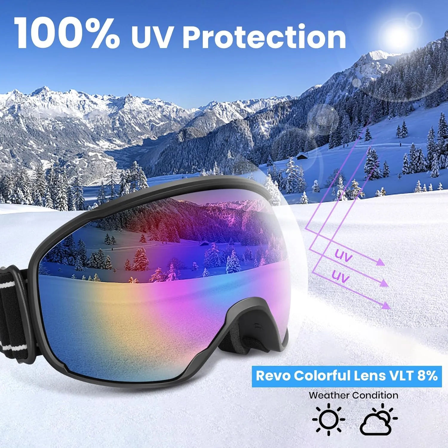 COOLOO Ski Goggles, OTG Snow Goggles for Adult Men Women Youth, Snowboard Goggles Over Glasses, Anti-fog, UV Protection