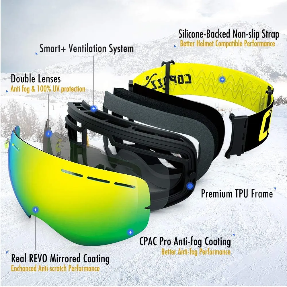 COPOZZ Ski Goggles, G1 OTG Snowboard Snow Goggles for Men Women Youth, Interchangeable Double Layer Anti Fog UV Protection