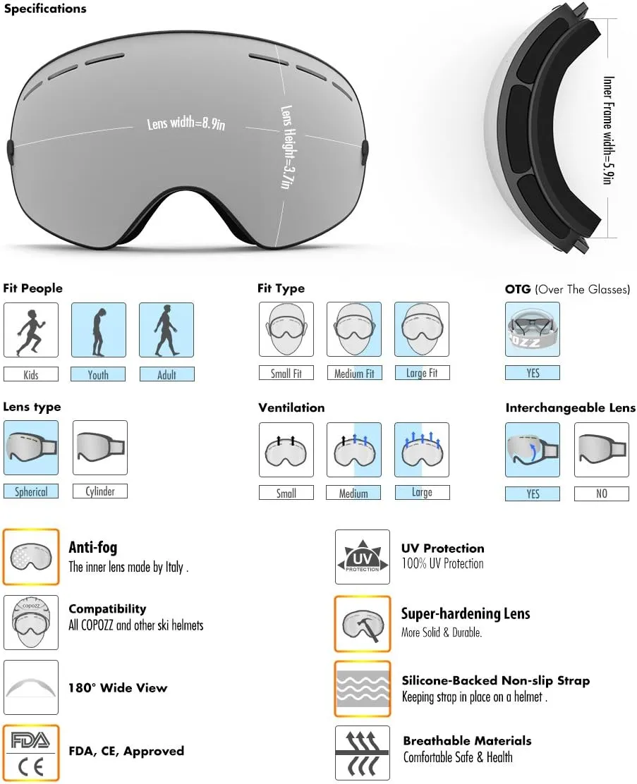 COPOZZ Ski Goggles, G1 OTG Snowboard Snow Goggles for Men Women Youth, Interchangeable Double Layer Anti Fog UV Protection