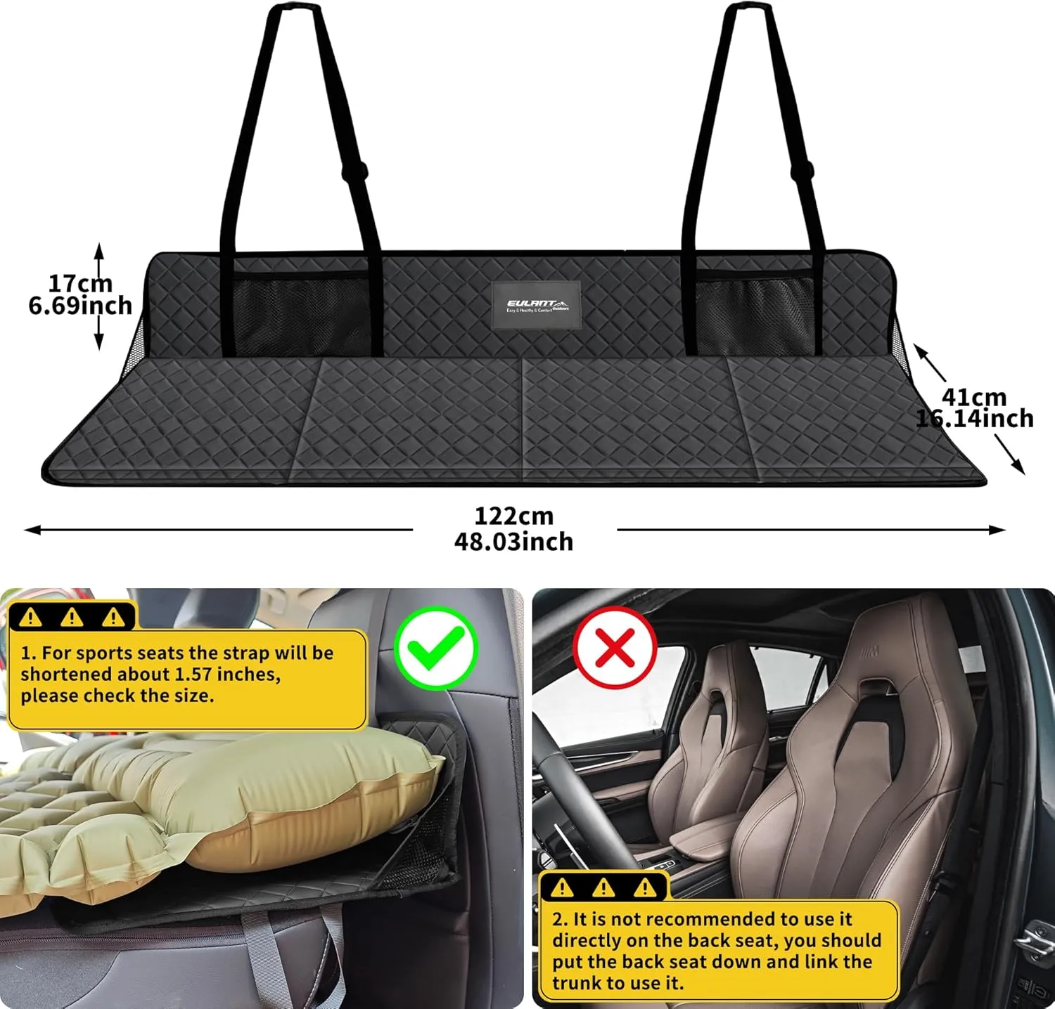 EULANT Portable Air Mattresses for Sleeping,Leather Car Rear Seat Mattress Extension Plate,Folding Car Bed Mattress Increase Travel Trunk Space & Car Bed Camping Space for Car/SUV/Model Y/3