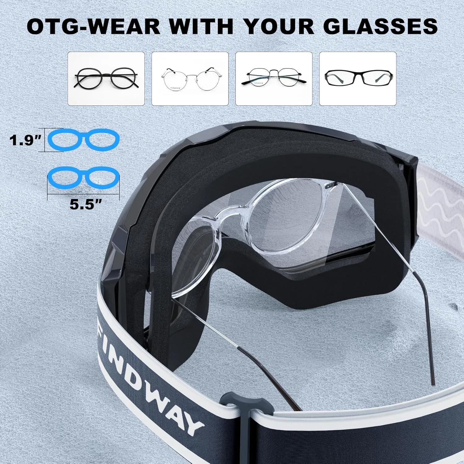 findway Ski Goggles OTG - Over Glasses Snow/Snowboard Goggles for Men, Women & Youth - 100% UV Protection