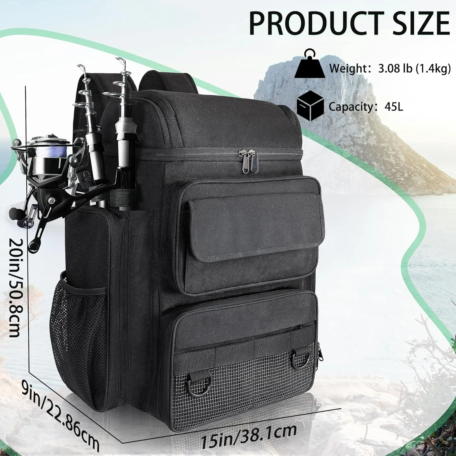 Fishing Tackle Backpack With Rod Holders, 45L Large Tackle Bag & Fishing Tackle Backpack for Fishing, Camping, Hiking,Black