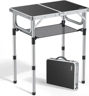 Folding Camping Table, Aluminum 24" x 16" Adjustable Height Small Folding Table with Carrying Handle, Lightweight, Portable Camping Table Waterproof for Outdoor Indoor Picnic Beach BBQ (Black)