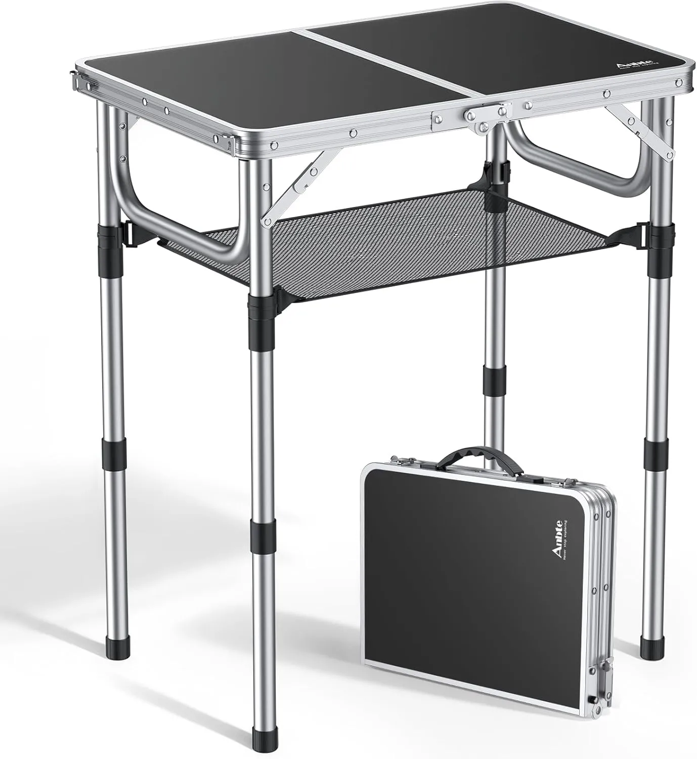 Folding Camping Table, Aluminum 24" x 16" Adjustable Height Small Folding Table with Carrying Handle, Lightweight, Portable Camping Table Waterproof for Outdoor Indoor Picnic Beach BBQ (Black)