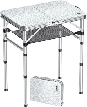 Folding Camping Table, Aluminum 24" x 16" Adjustable Height Small Folding Table with Carrying Handle, Lightweight, Portable Camping Table Waterproof for Outdoor Indoor Picnic Beach BBQ, Silver