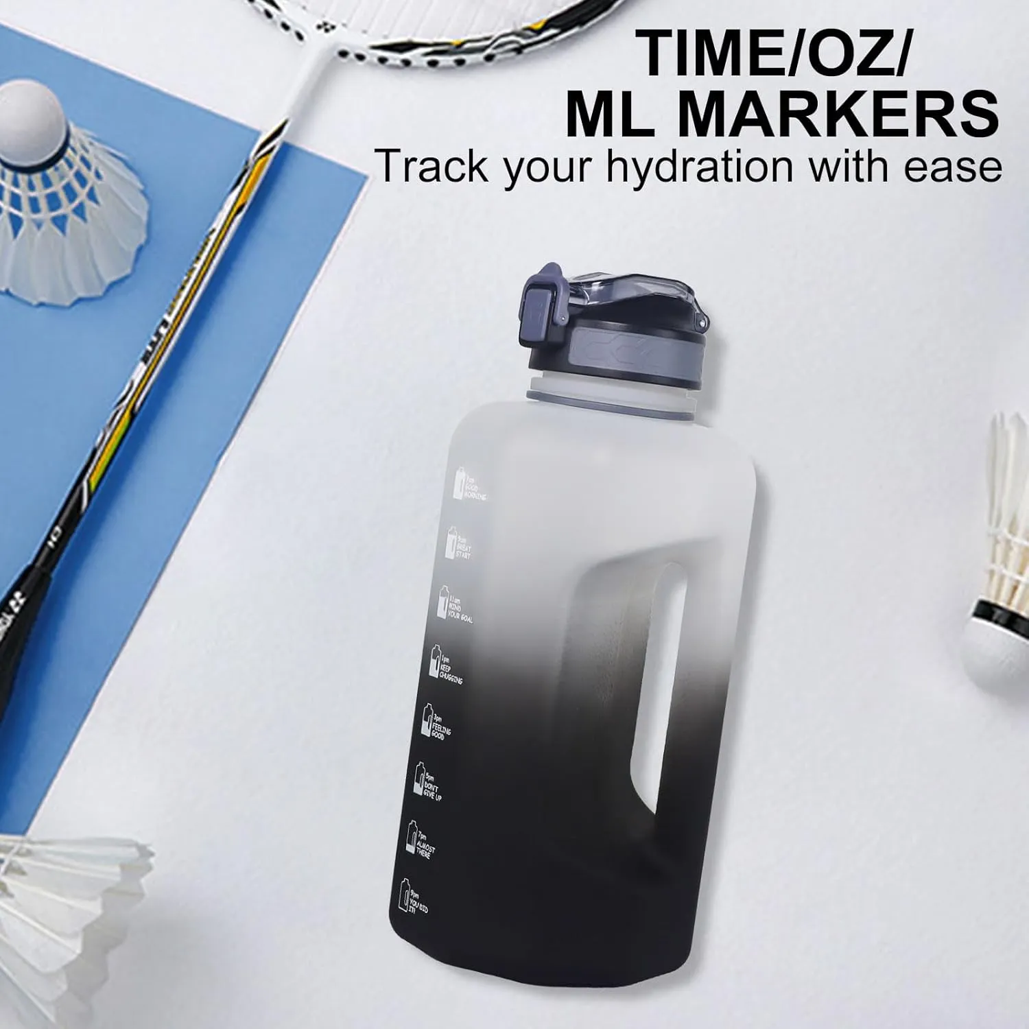 GEMFUL 74oz Motivational Water Bottle with Straw & Time Marker BPA Free Large Gym Jug for Workout Fitness Outdoor Sports Leakproof with Handle (White/Black)