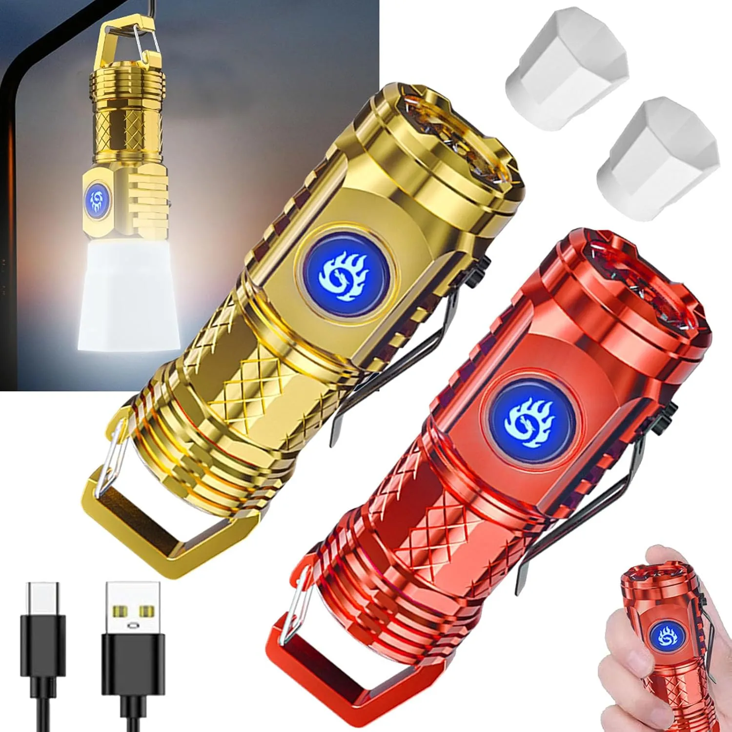 German Three-eyed Monster Mini Flashlight Thumb Flashlight, Mini Flash Super Power Flashlight, Multi-Functional Mini Pen Clip Flashlight Light Steel High Lumen Rechargeable Waterproof (Red Gold)