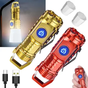 German Three-eyed Monster Mini Flashlight Thumb Flashlight, Mini Flash Super Power Flashlight, Multi-Functional Mini Pen Clip Flashlight Light Steel High Lumen Rechargeable Waterproof (Red Gold)